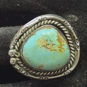 Vtg Southwestern Turquoise Sterling Silver Ring Size 7 Rope Bezel Cabochon 9.5 g
